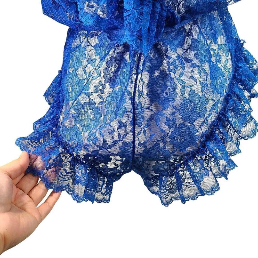 Vintage Made in USA Val Mode Royal Blue Teddy Romper Open Back